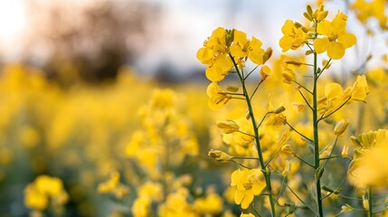 Obraz premium Lush Field of Bright Yellow Blooming Flowers Under Soft Evening Light in Natural Landscape