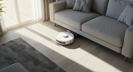 Robot Vacuum Cleaning Floor Under Sofa