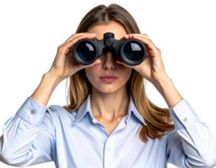  Curious Woman Looking Through Binoculars Front View, Focused Exploration Concept, Isolated on Transparent Background
