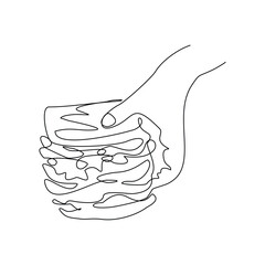 continuous line of people holding delicious sandwich fast food or junk food sketch drawing editable stroke concept for cafe, restaurant, and food shop. vector illustration