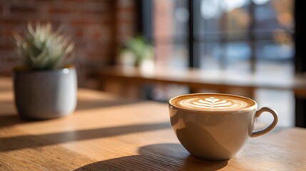 Obraz premium Cozy Coffee Cup with Beautiful Latte Art on Wooden Table in Bright Café Interior