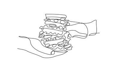 continuous line of people holding delicious sandwich fast food or junk food sketch drawing editable stroke concept for cafe, restaurant, and food shop. vector illustration