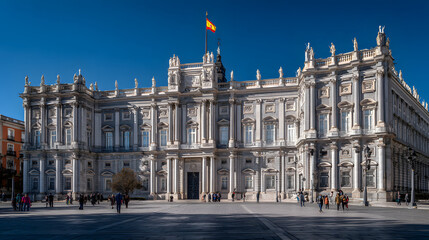 Fototapeta premium Majestic Royal Palace in Spain Surrounded by Clear Blue Sky and Visitors Enjoying Its Historical Beauty