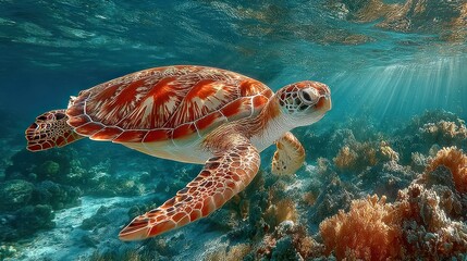 Obraz premium A majestic sea turtle gracefully glides through the crystal clear turquoise ocean waters over a vibrant coral reef ecosystem