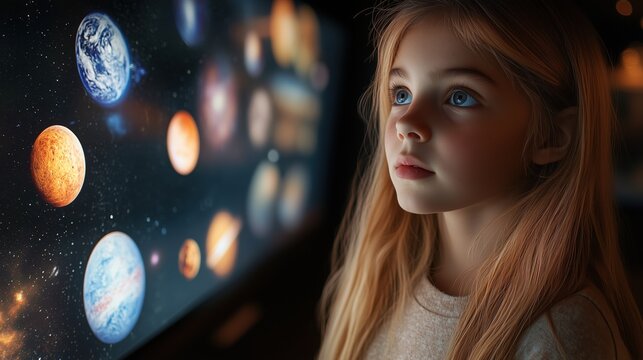 Girl wearing goggles at a mineral display, representing exploration and discovery.
