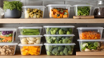 Colorful Fresh Vegetables in Transparent Storage Containers on a Wooden Kitchen Shelf