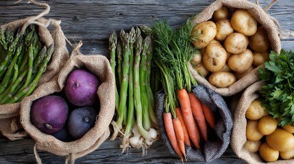 Assorted Fresh Vegetables In Natural Baskets Displayed On Rustic Wooden Surface