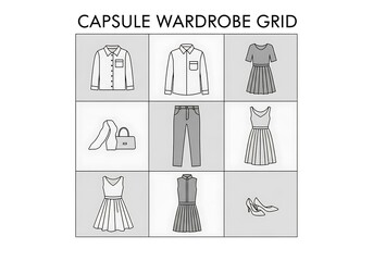 Capsule wardrobe grid with various clothing items like shirts, pants, and dresses arranged in a neat, organized layout, isolated on white background