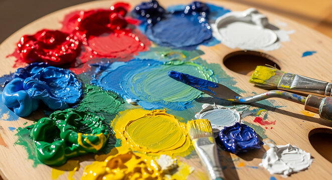 An artists wooden palette covered in vibrant, thick oil paints in various colors like red, blue, green, yellow, and white, with brushes and a palette knife - Powered by Adobe