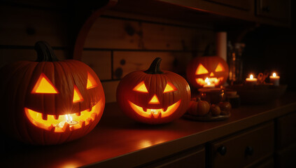 Photograph of a dimly lit kitchen shelf with three carved pumpkins. The leftmost pumpkin has triangular eyes and a triangular nose, with a wide, toothy grin illuminated by a small candle inside. The