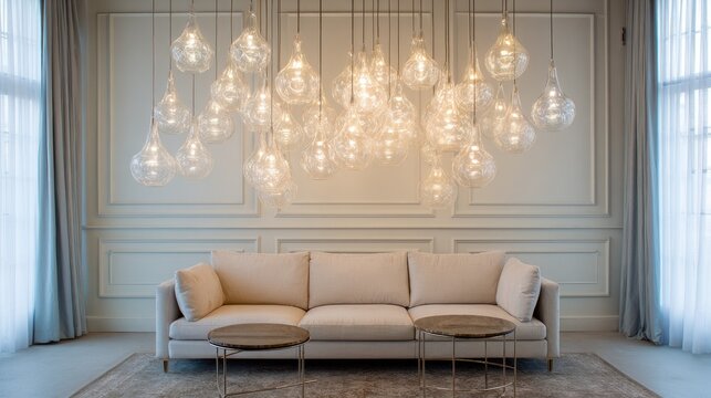 Elegant living room with a cluster of pendant lights.