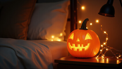 Photograph of a cozy bedroom scene with a carved pumpkin as the central focus. The pumpkin, with a classic jack-o'-lantern face featuring triangular eyes and a wide, toothy grin, is illuminated from