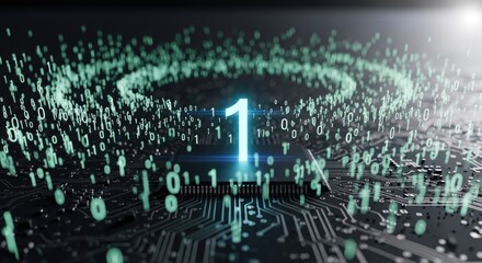 A glowing blue number one on a circuit board with binary code and green light trails.