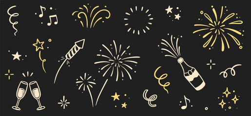 Firework new year set. Doodle firework sparkles for New Year celebration, golden burst and festive elements for birthday or party decor. Hand drawn style for a firework themed vector illustration