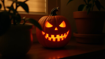 Obraz premium Photograph of a carved pumpkin with a glowing, menacing face on a wooden surface. The pumpkin has triangular eyes and nose, a wide, toothy grin with jagged edges, and a small, curved, black stem on