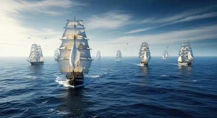 A group of tall ships sailing in the ocean with a clear blue sky and white clouds.