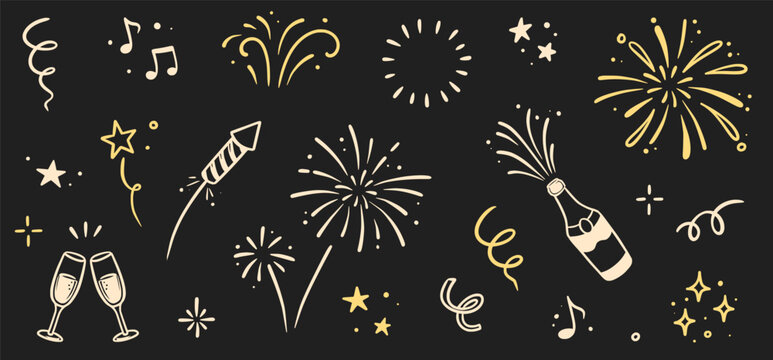 Firework new year set. Doodle firework sparkles for New Year celebration, golden burst and festive elements for birthday or party decor. Hand drawn style for a firework themed vector illustration