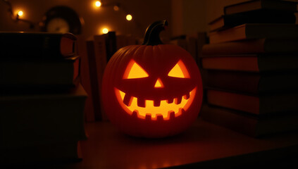 Photograph of a glowing jack-o'-lantern with a carved face, featuring triangular eyes, a wide grinning mouth with sharp teeth, and a small triangular nose. The pumpkin is illuminated from within,