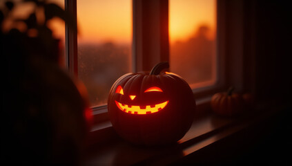 Fototapeta premium Photograph of a carved pumpkin with a classic jack-o'-lantern face, illuminated by an internal light source, sitting on a windowsill. The pumpkin has a wide, toothy grin and triangular eyes with a