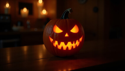 Photograph of a carved pumpkin jack-o'-lantern with a glowing orange interior. The pumpkin has a triangular nose, slanted eyes, and a wide, toothy grin with sharp, triangular teeth. It is placed on a