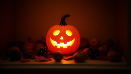 Photograph of a glowing jack-o'-lantern with a classic triangular eyes, triangular nose, and wide, toothy grin. The pumpkin is illuminated from within, casting a warm, orange light. The