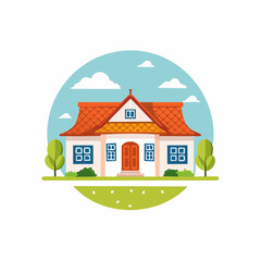 Fototapeta premium Cartoon House with Orange Roof and Blue Windows Flat Vector Illustration.