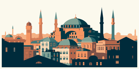 Stylized panoramic vector illustration of a famous Turkish city skyline featuring silhouettes of historic grand mosques and minarets