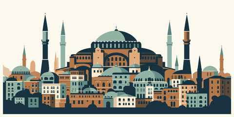 Fototapeta premium Stylized cityscape illustration of Istanbul's historic Hagia Sophia, a famous architectural landmark of Turkey