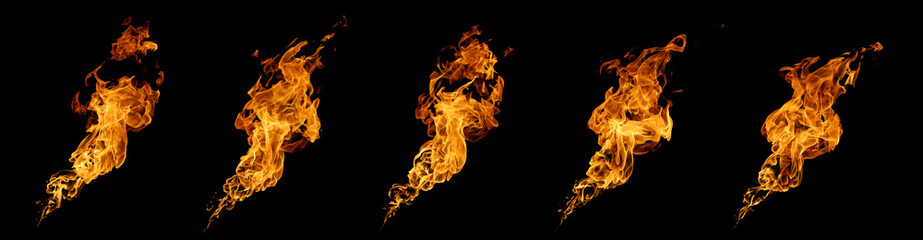 Collection of fire flames isolated on a black background, perfect for photo editing, graphic design, hot energy concepts, explosion scenes, digital artwork, and visual effects in high resolution