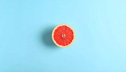 A bright red grapefruit slice is centered on a pastel blue background. A minimalist, flat lay composition representing summer and healthy eating.
