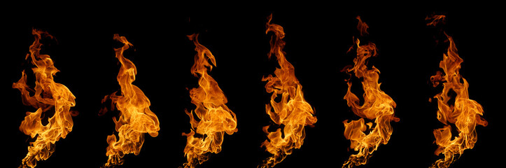 Set of vertical fire flames isolated on a black background, perfect for graphic design, photo editing, energy concepts, explosion effects, advertising, and digital artwork in high resolution.