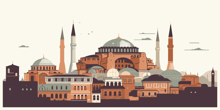 A stylized vector illustration of the Hagia Sophia Grand Mosque in Istanbul, Turkey. Flat design cityscape of the famous historical landmark and architectural monument