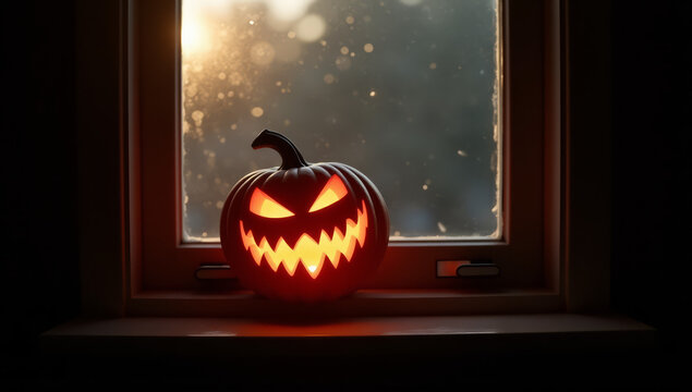 Photograph of a carved pumpkin jack-o'-lantern with a glowing, triangular-eyed, and jagged-toothed face, sitting on a windowsill. The pumpkin is illuminated from within, casting a warm orange glow.