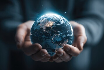 Hands holding illuminated globe demonstrating earths environment and space