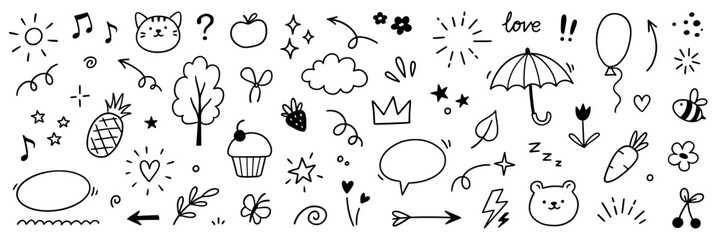 Line cute element set. Hand drawn scribble heart, arrow, flower and star elements for a cute line simple background. Doodle sketch heart, star, cloud sticker shapes. Vector illustration