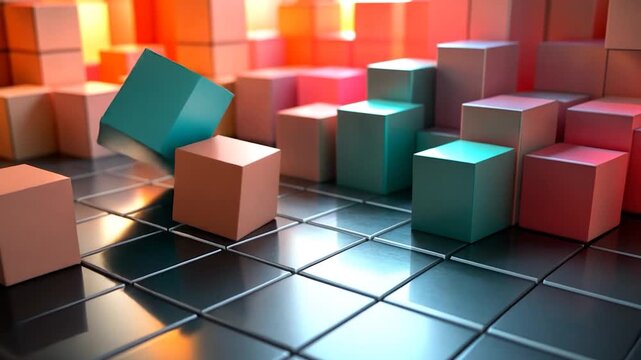 Colorful cubes arranged on a reflective surface