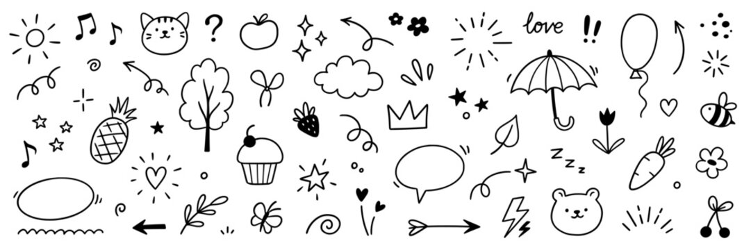 Line cute element set. Hand drawn scribble heart, arrow, flower and star elements for a cute line simple background. Doodle sketch heart, star, cloud sticker shapes. Vector illustration