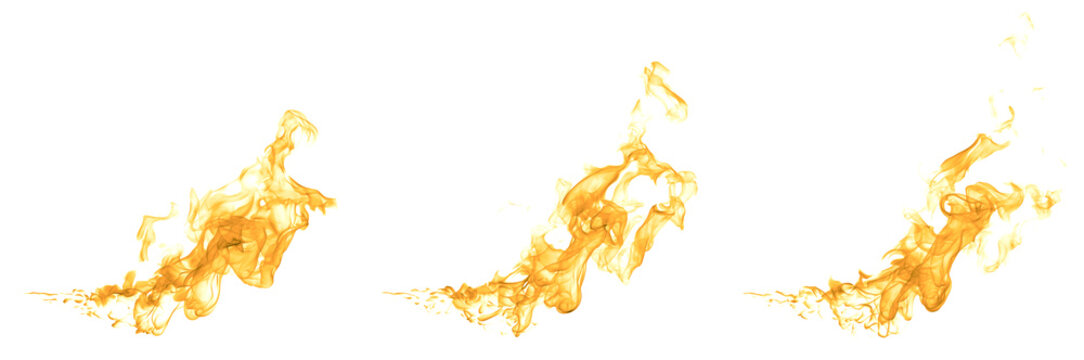 Collection of golden fire flames isolated on a white background, perfect for photo editing, energy design, luxury concepts, advertising, visual effects, creative digital artwork in high resolution.