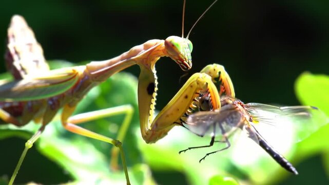 Praying Mantis Predator Captures Dragonfly Prey in Natural Habitat Close Up.