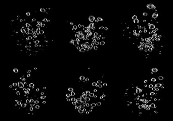 Set of water bubbles isolated on a black background, perfect for underwater design, freshness concept, advertising, photo editing, motion effects, and digital artwork in high resolution.