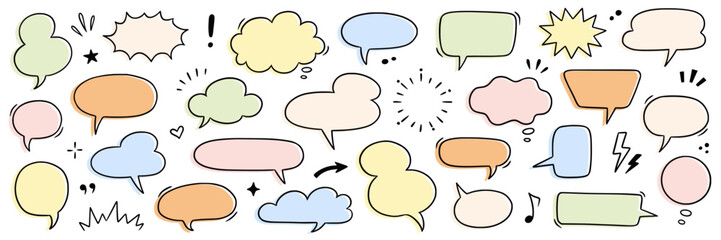 Speech dialog drawn set. Speech bubble and dialog element in hand drawn cartoon style comic cloud, chat box, graphic manga effect. Doodle emphasis, heart, arrow element. Vector illustration