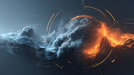 Abstract Digital Technology Background with Cloud Data Network and Fiery Energy HUD Interface