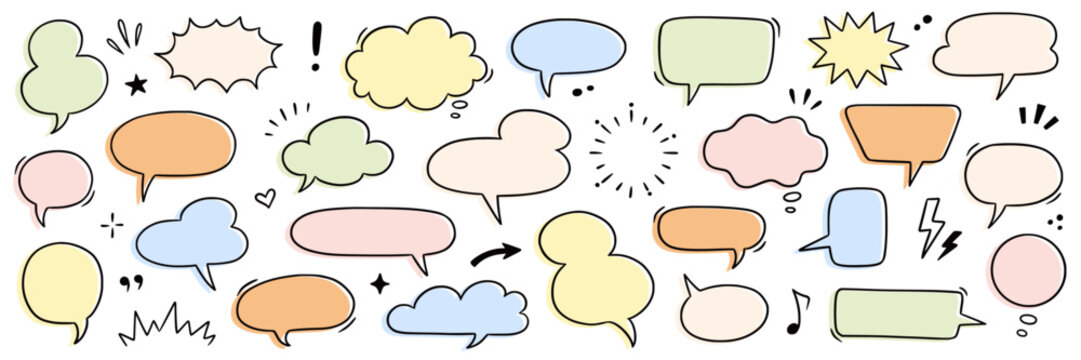 Speech dialog drawn set. Speech bubble and dialog element in hand drawn cartoon style comic cloud, chat box, graphic manga effect. Doodle emphasis, heart, arrow element. Vector illustration