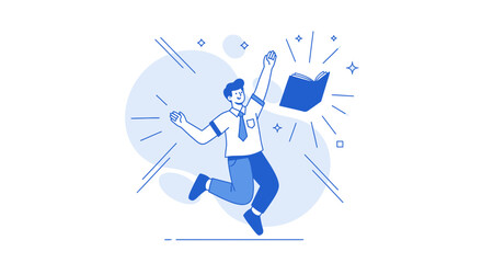 Illustration of a student celebrating with a book representing knowledge and learning