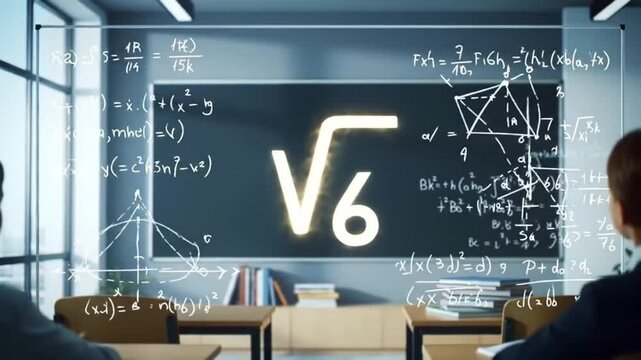 Students in a classroom learning about square roots and mathematical equations on a digital screen. - Powered by Adobe