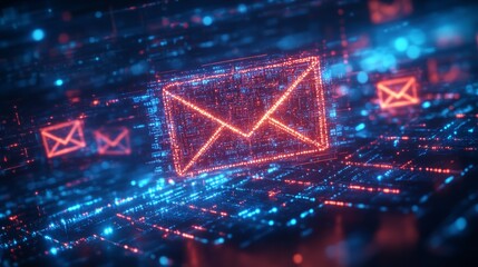 A glowing red digital envelope floats in a futuristic cyber grid, symbolizing email, communication, data transfer, technology, information exchange, and digital transformation of messaging worldwide.