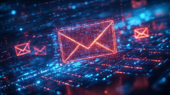 A glowing red digital envelope floats in a futuristic cyber grid, symbolizing email, communication, data transfer, technology, information exchange, and digital transformation of messaging worldwide.