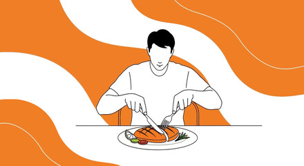 Illustration of a person in line art style serving food at the table and enjoying dinner