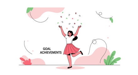 Illustration of a woman celebrating goal achievements with confetti raining down on her