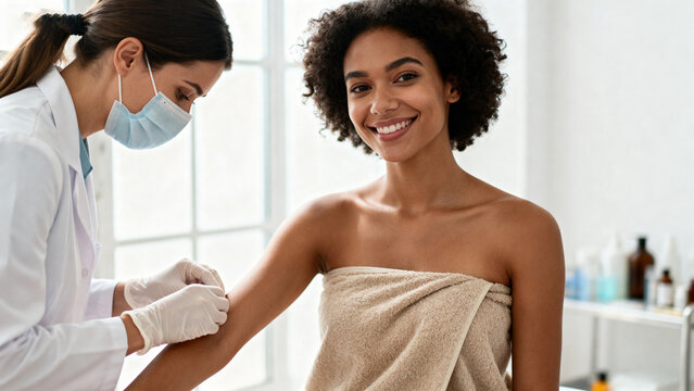Woman receiving injection from medical professional - Powered by Adobe